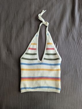 Zara Cream Halter Knit Tank with Multi-Color Stripes